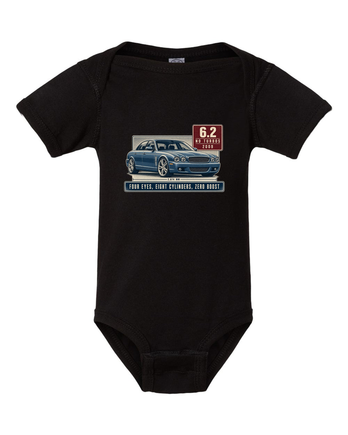 Editorial headline print of a silver-blue Mercedes-AMG E63 W212 pre-facelift black baby onesie front view with the design
