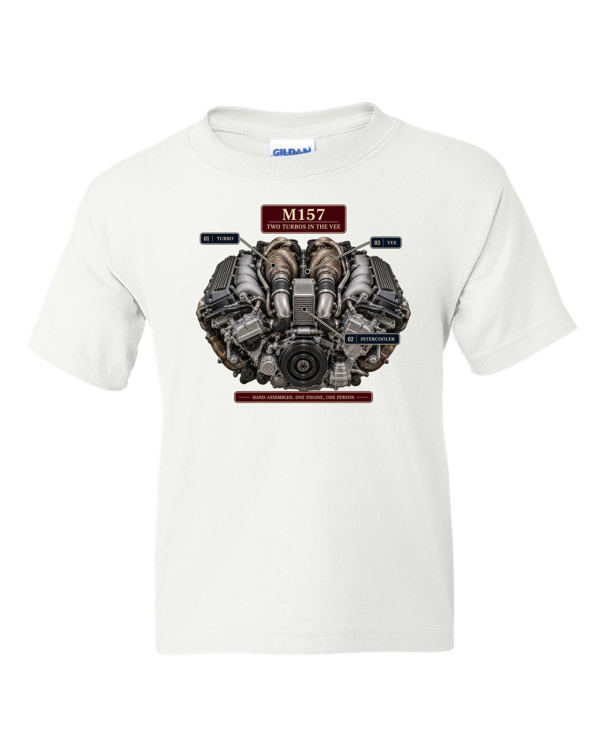 Engine hero print of the Mercedes-AMG M157 5.5 biturbo V8 from the W212 E63 S white kids tee front view with the design
