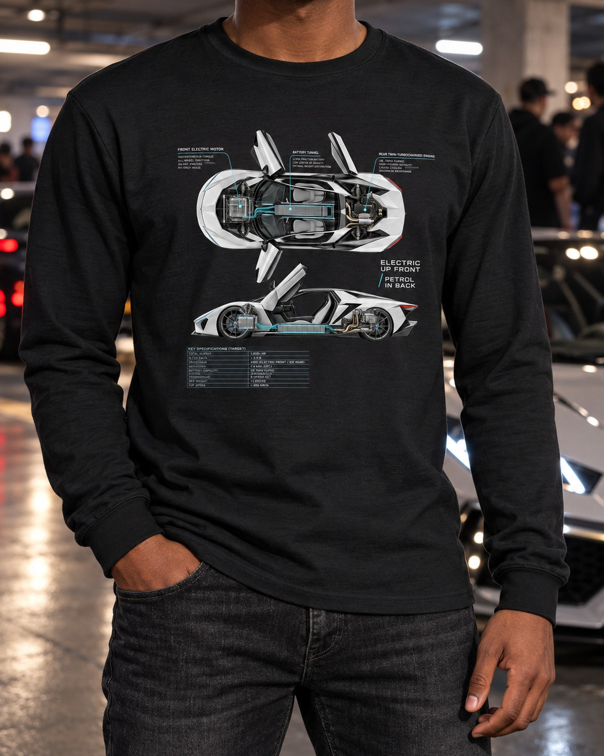 BMW i8 I12 Spec Poster Shirt, Electric Front Petrol Rear Long Sleeve Black worn hero