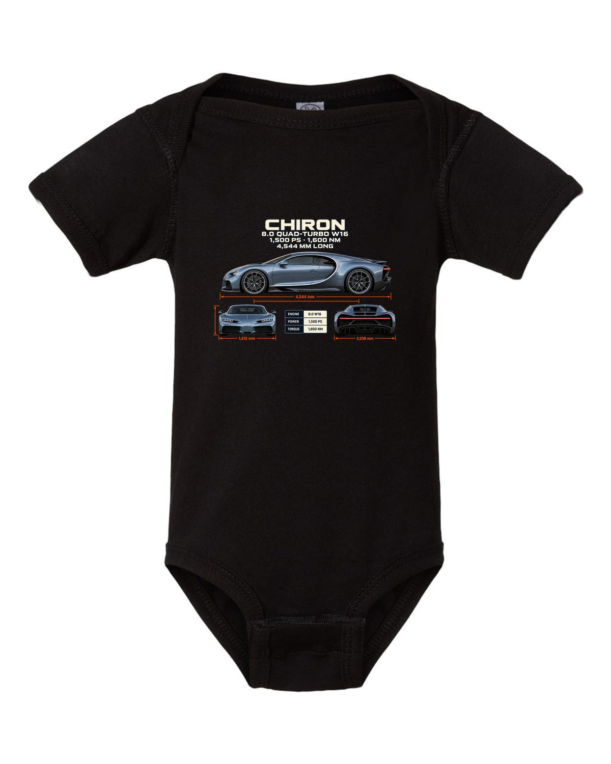 Three-view drawing and spec table of a Bugatti Chiron on the front of a tee black baby onesie front view with the design