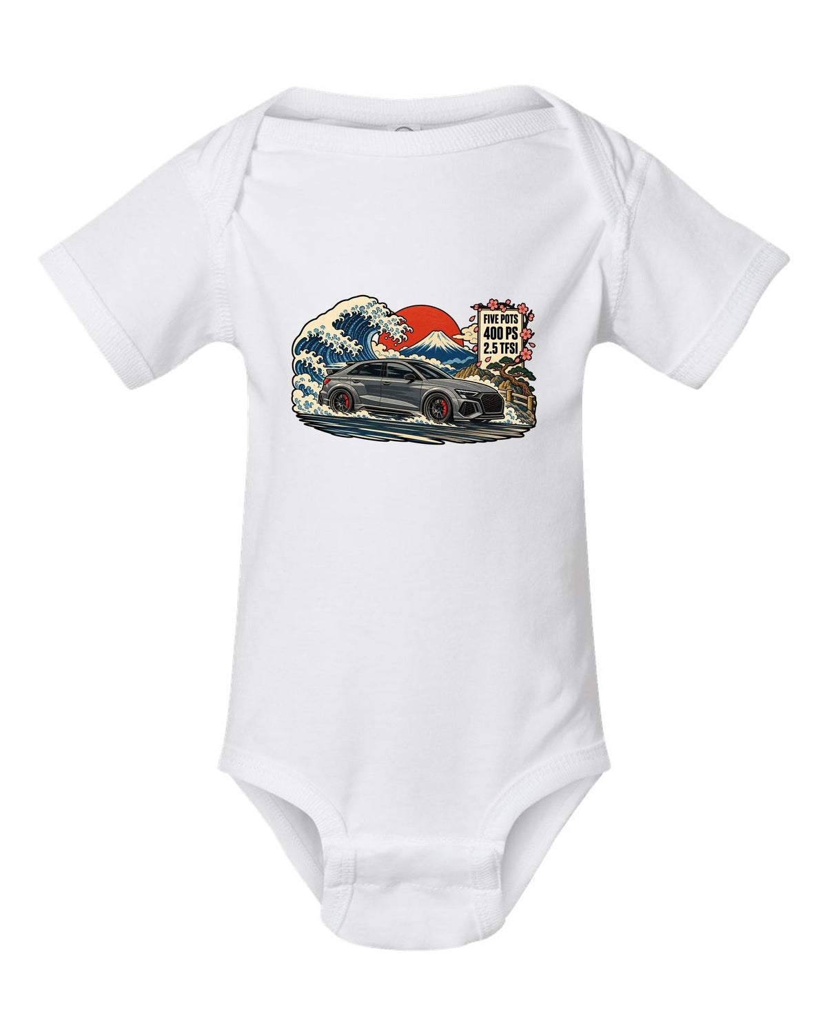 Ukiyo-e woodblock style print of an Audi RS3 8Y with a mountain and 2.5 TFSI text white baby onesie front view with the design