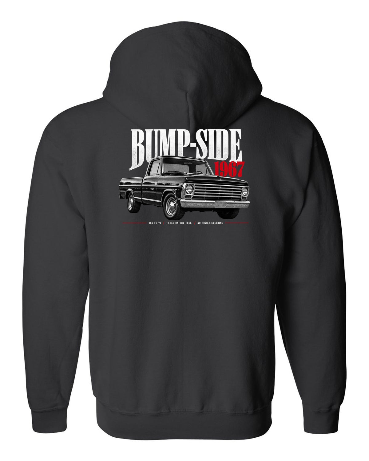 Ford F-Series Bump-Side 1967 360 FE V8 Editorial Graphic Tee black zip hoodie back view with the design