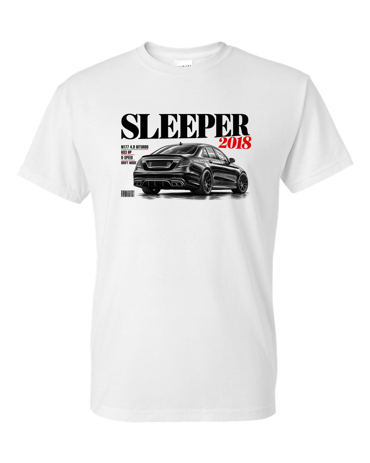print editorial headline of a Mercedes W213 E63 S M177 with text Sleeper 2018 4.0 Biturbo 603 HP white t-shirt front view with the design