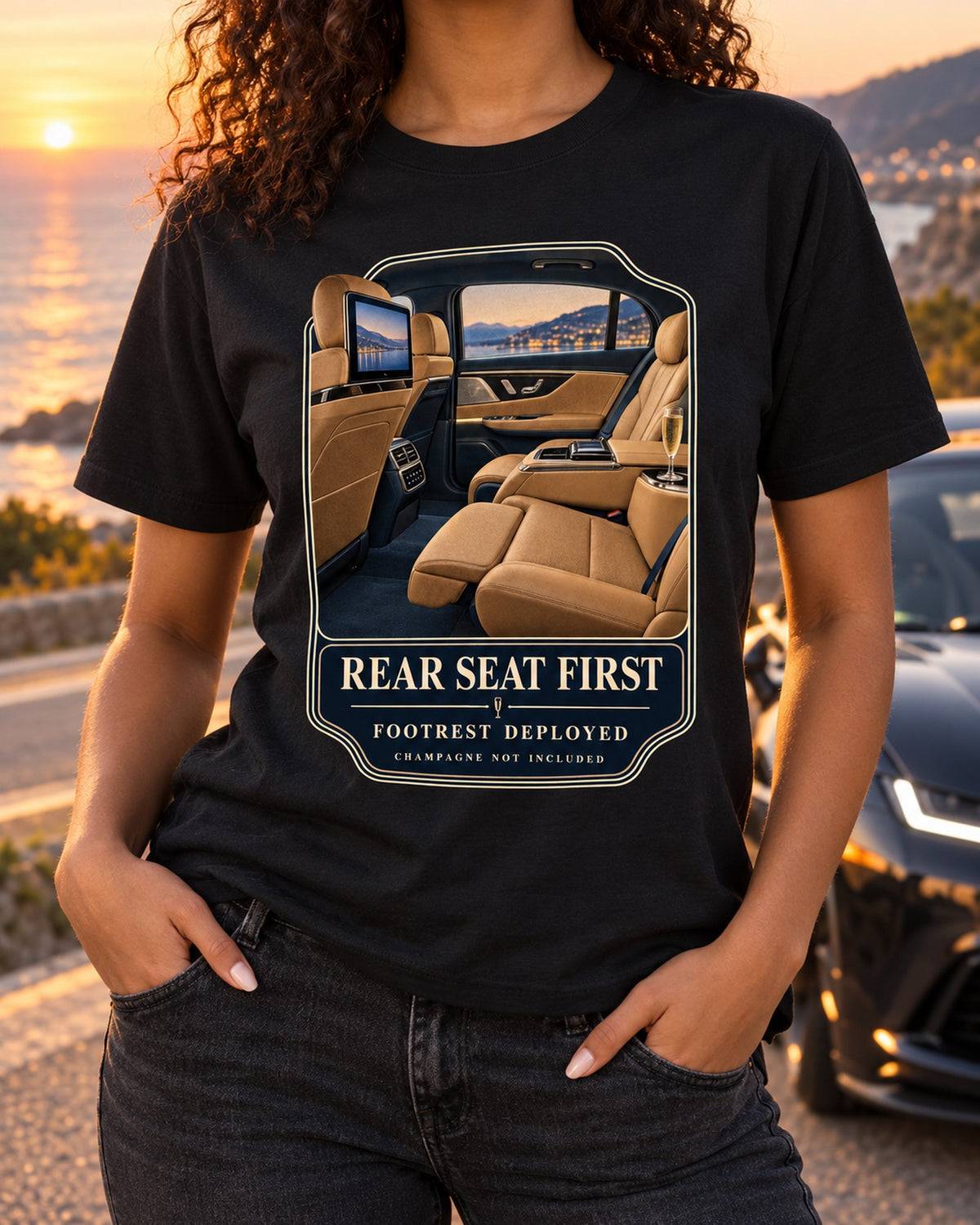 Maybach S680 Rear Seat Cockpit Graphic Tee, Executive Cabin Print T-Shirt Black worn hero