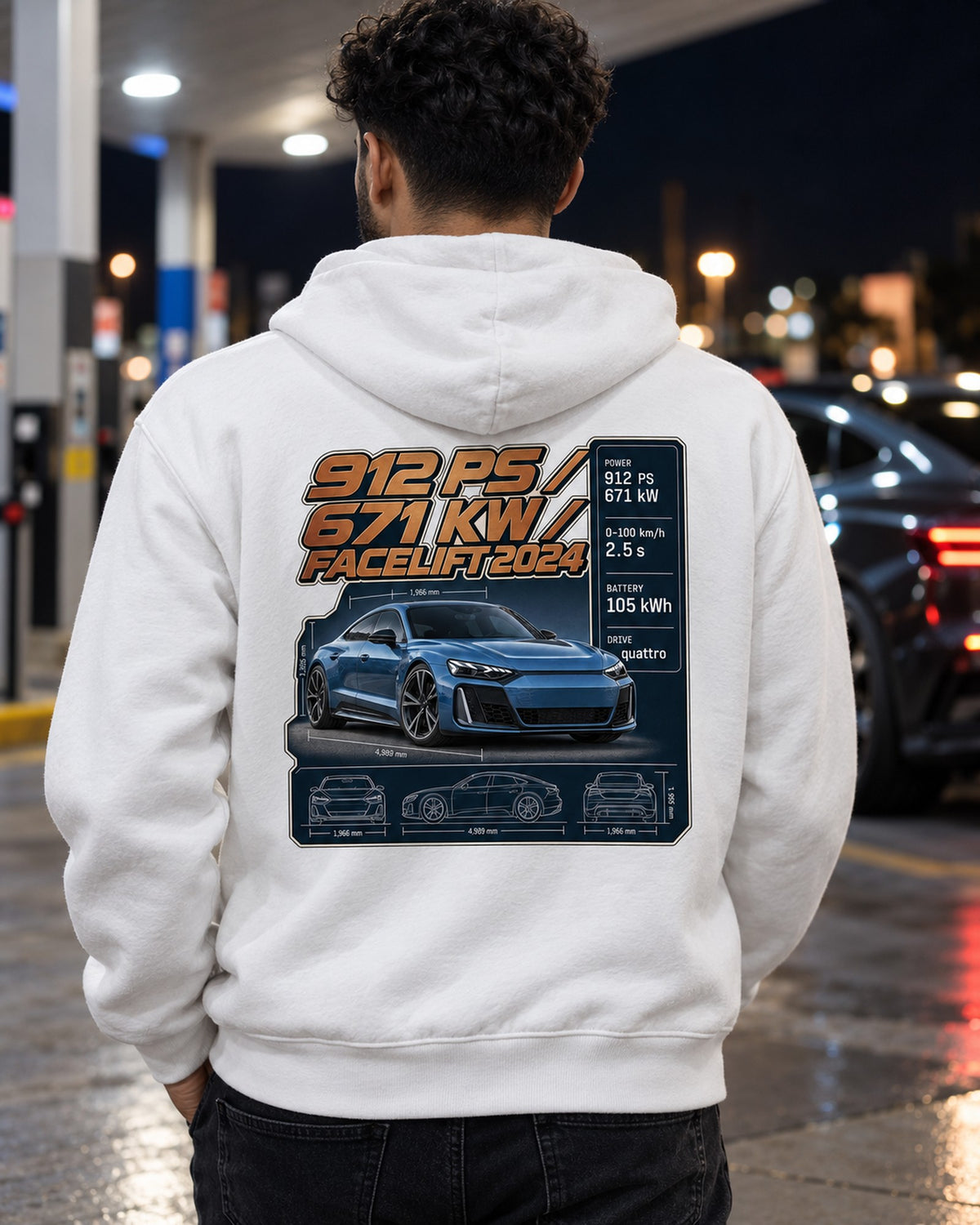Audi RS e-tron GT Performance Facelift Spec Poster Tee, 912 PS Zip Hoodie White worn hero