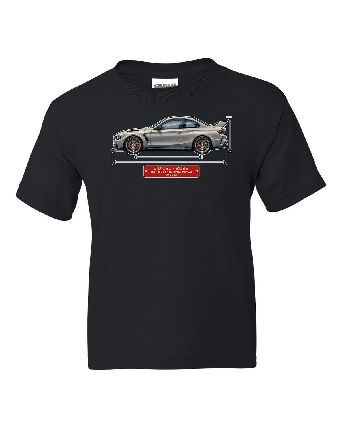 BMW 3.0 CSL 2023 dimension blueprint print black kids tee front view with the design