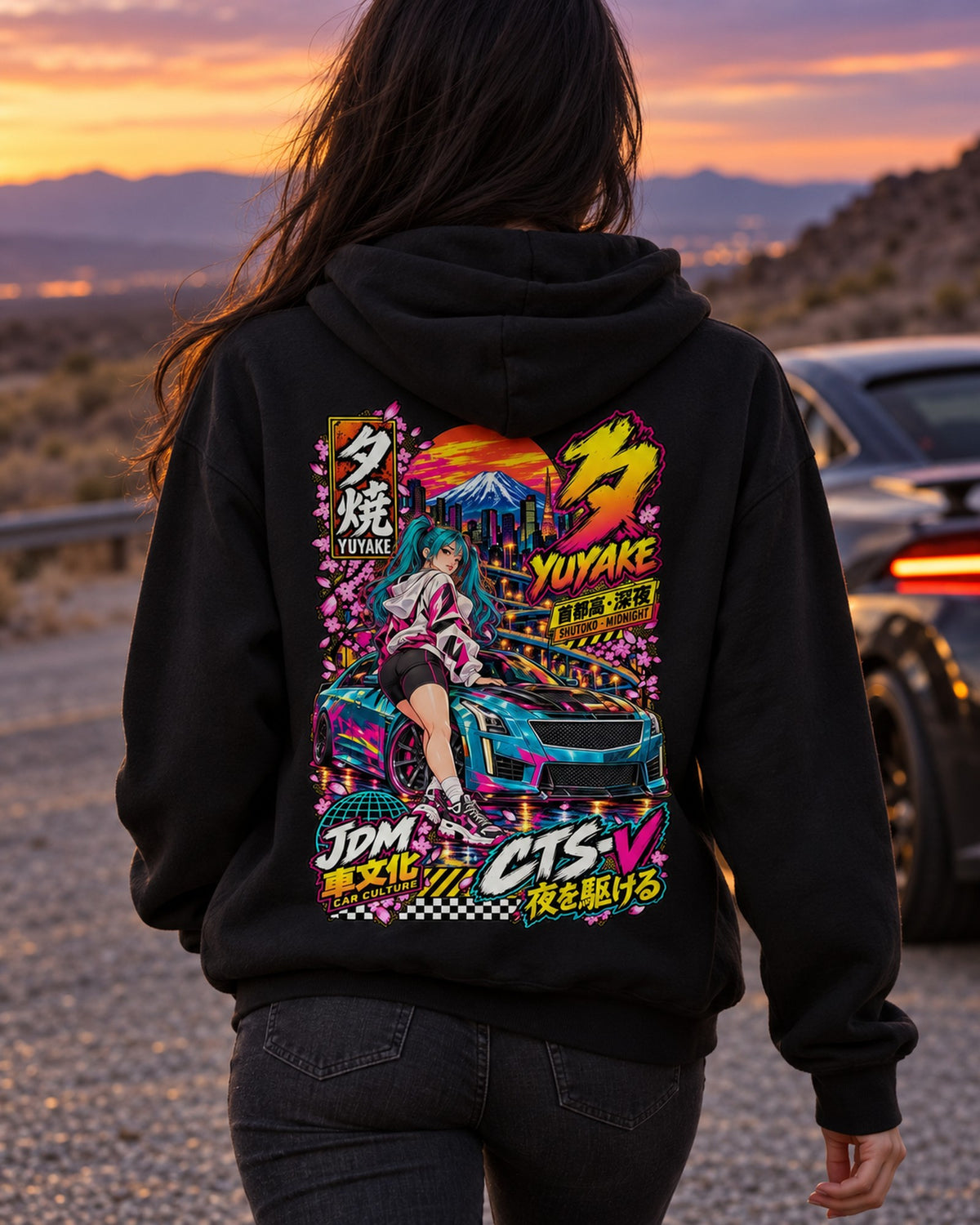 YUYAKE CTS-V Anime Girl Full-Back Graphic Tee Pull Over Hoodie Black worn hero