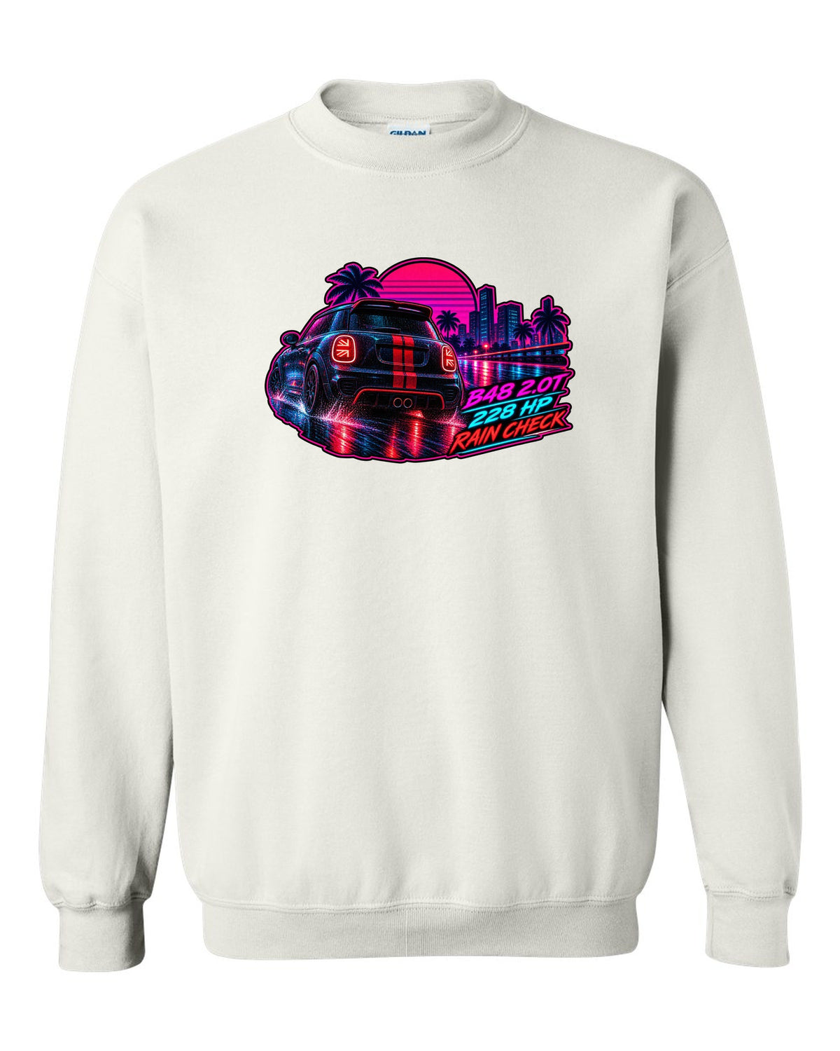 Synthwave print of a Mini JCW F56 rear with Union Jack tail lights and B48 228 HP text white crewneck front view with the design