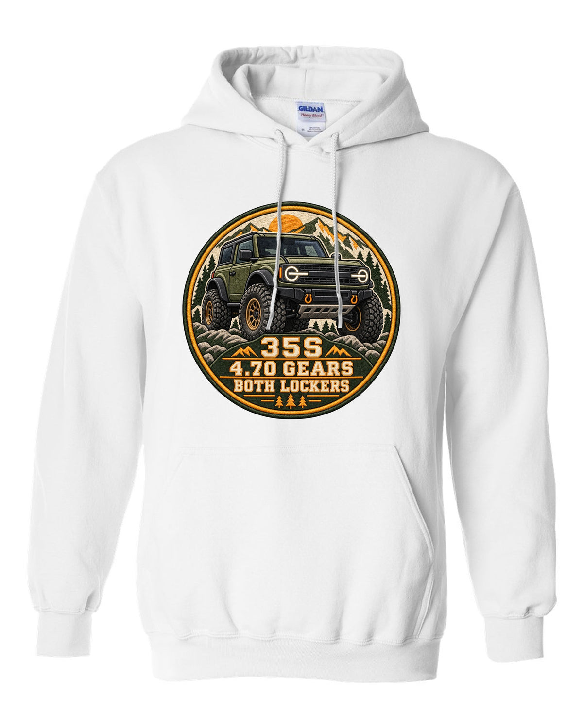Round seal print for a 2021 Ford Bronco 6G Sasquatch package with 35s and lockers text white pull over hoodie front view with the design
