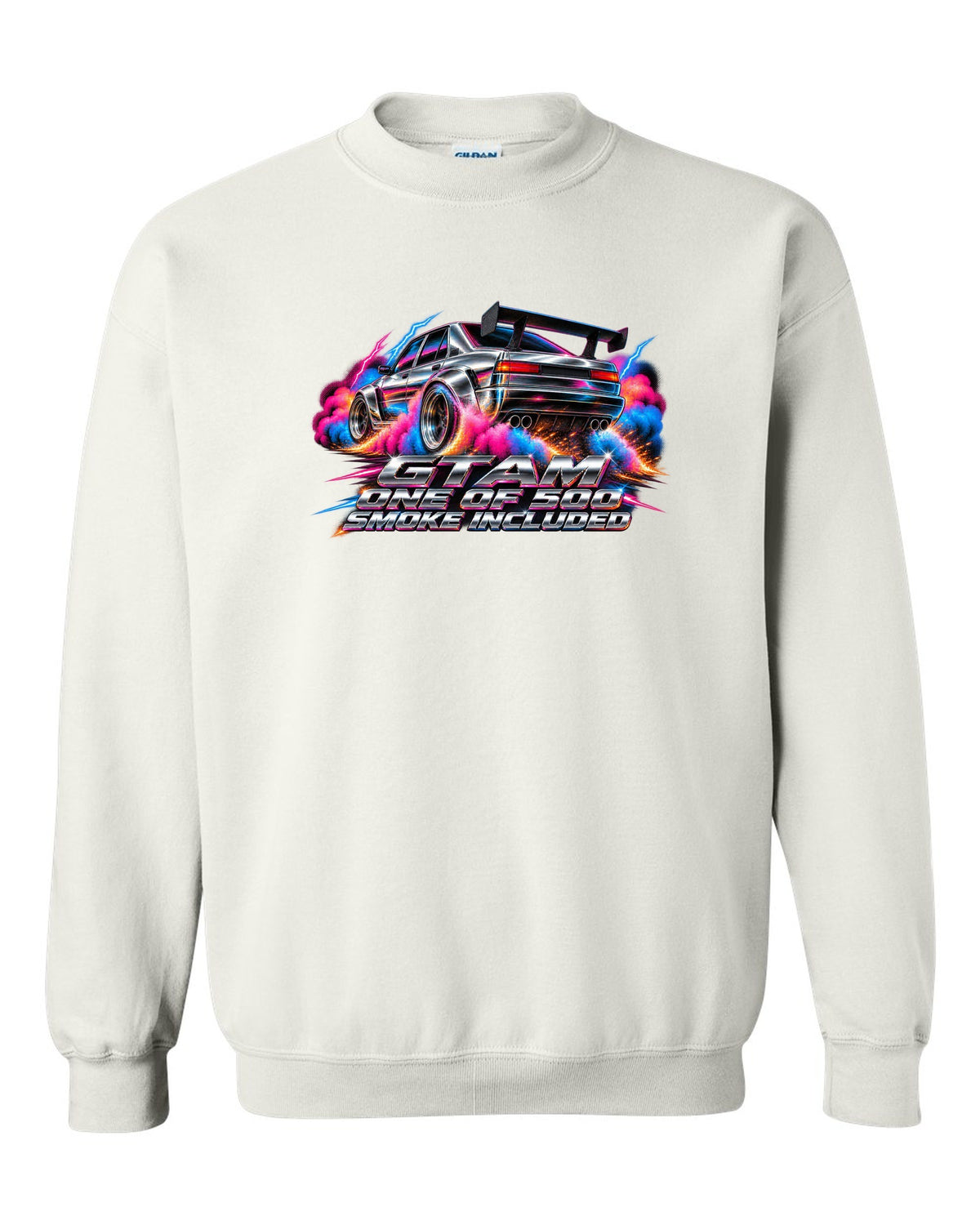 80s airbrush chrome style Alfa Romeo Giulia GTAm with one of 500 smoke included text white crewneck front view with the design