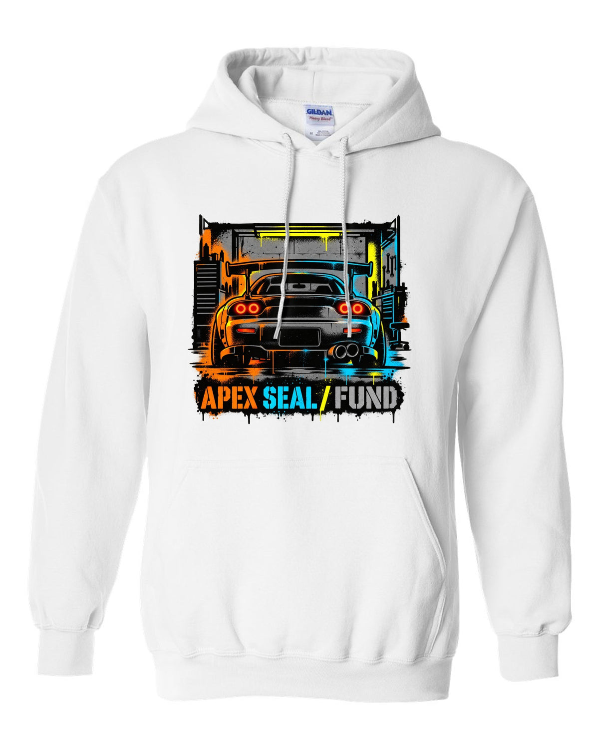 Stencil spray street art print of a Mazda RX-7 FD3S with the text Apex Seal Fund white pull over hoodie front view with the design