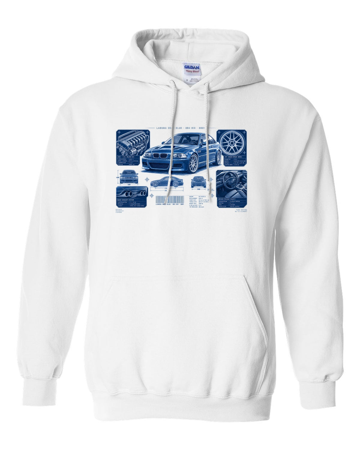 BMW E46 M3 coupe dossier panel print with Laguna Seca Blue S54 six and 2001 text white pull over hoodie front view with the design
