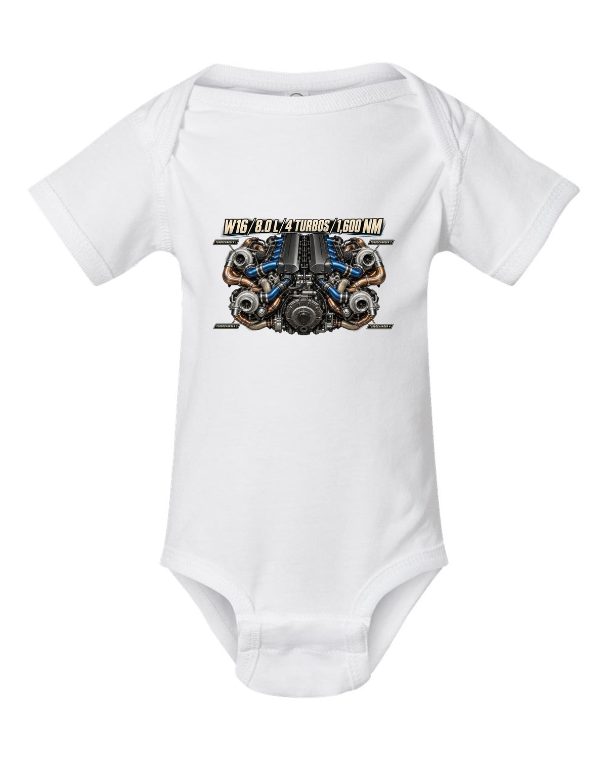Bugatti W16 8.0 litre quad-turbo engine poster print white baby onesie front view with the design