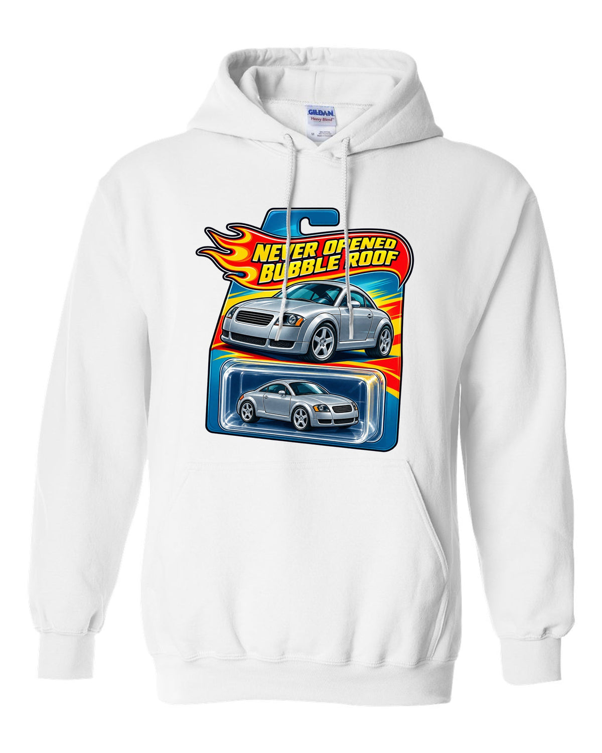 Toy blister card style print of an Audi TT 8N with Never Opened text white pull over hoodie front view with the design
