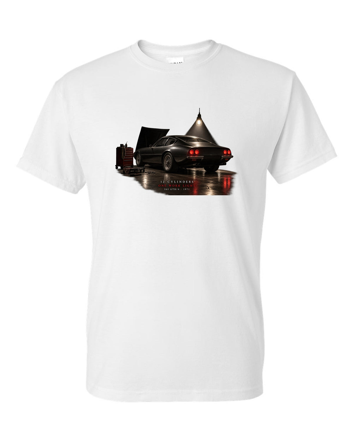 Ferrari 365 GTB/4 Daytona 1971 rear three-quarter garage night print, one work light white t-shirt front view with the design