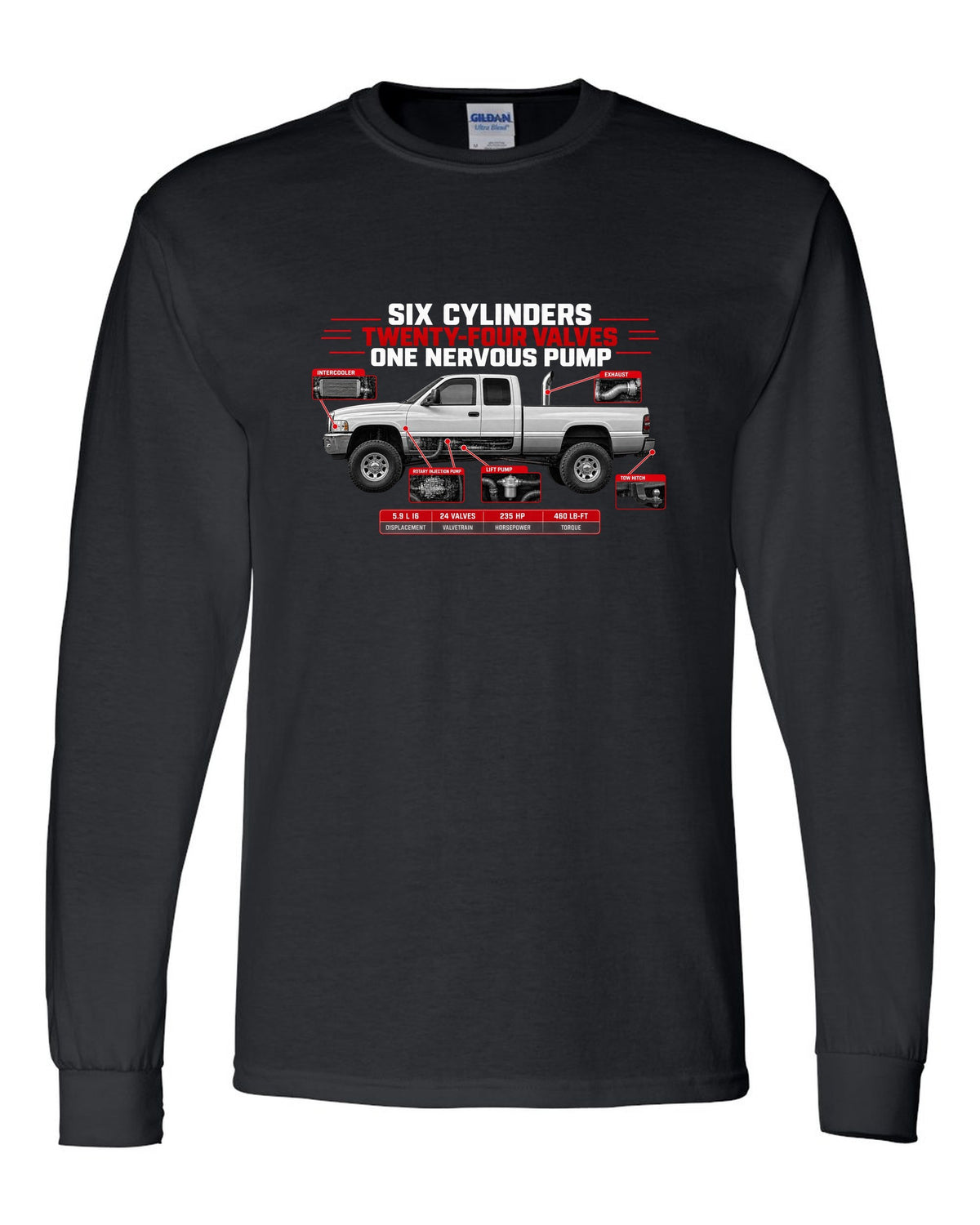 Spec poster of a 1998.5-2002 Ram 2500 5.9 24V with six cylinders, twenty-four valves, one nervous pump black long sleeve front view with the design