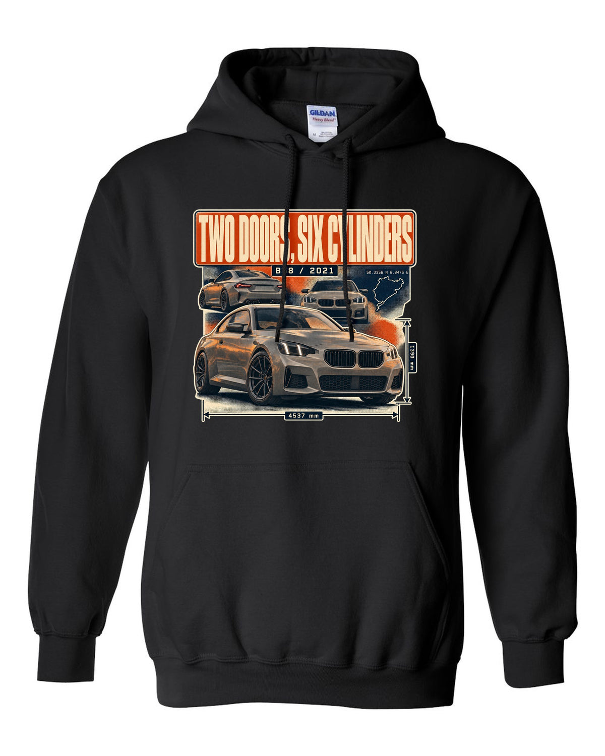 BMW M240i G42 coupe magazine-style editorial headline print black pull over hoodie front view with the design