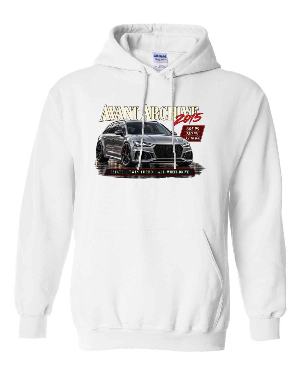 Audi RS6 Avant C7 Performance front three-quarter in an archive panel with 605 PS spec text white pull over hoodie front view with the design