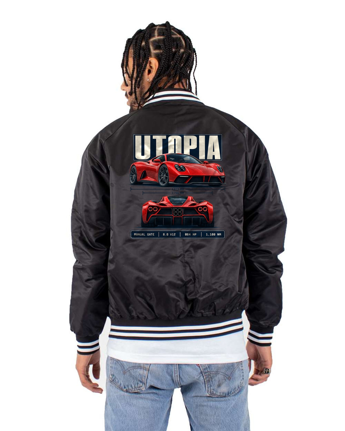 Pagani Utopia Spec Poster Shirt, Manual Gate V12 Tee Bomber Jacket Black back