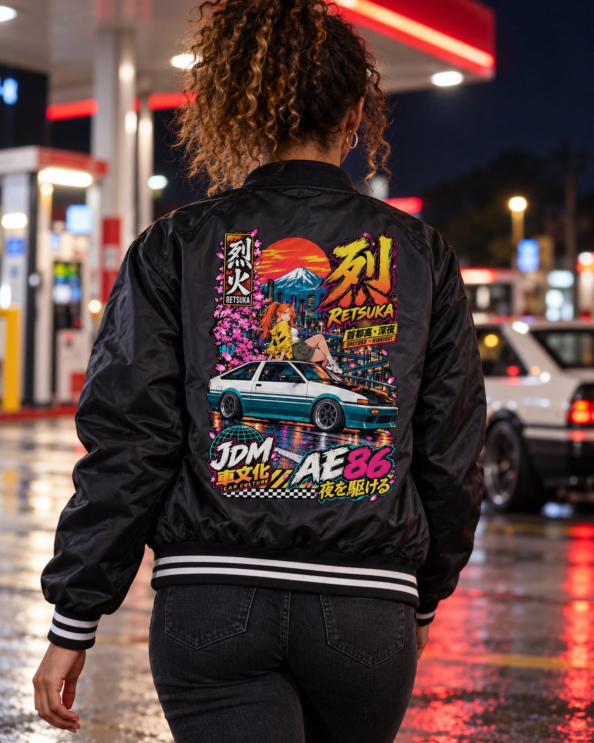 RETSUKA AE86 Anime Girl Full-Back Graphic Tee Bomber Jacket Black worn hero