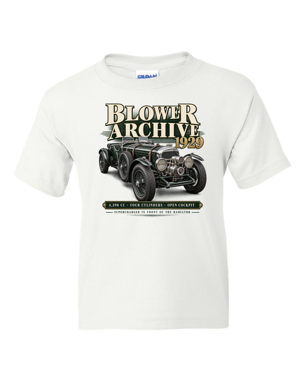 Bentley Blower 1929 archive panel with supercharger detail white kids tee front view with the design