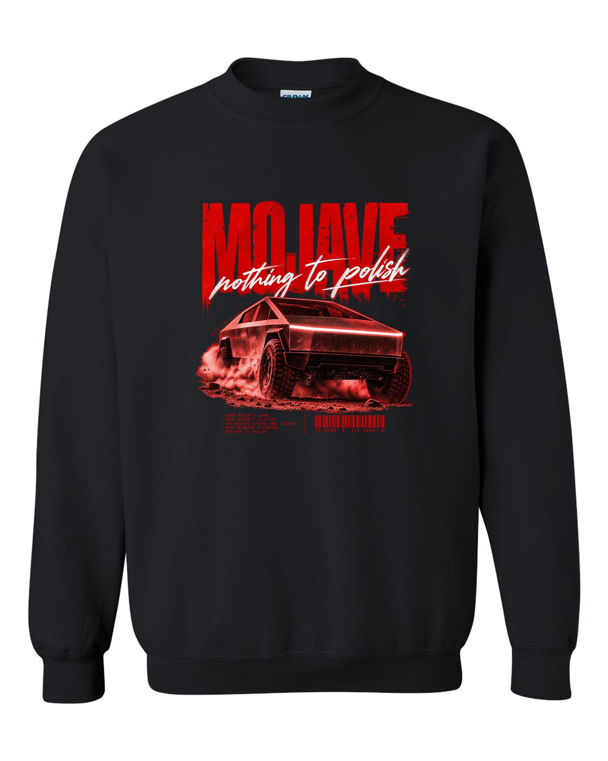 Tesla Cybertruck low front three-quarter on a Mojave desert road street poster black crewneck front view with the design