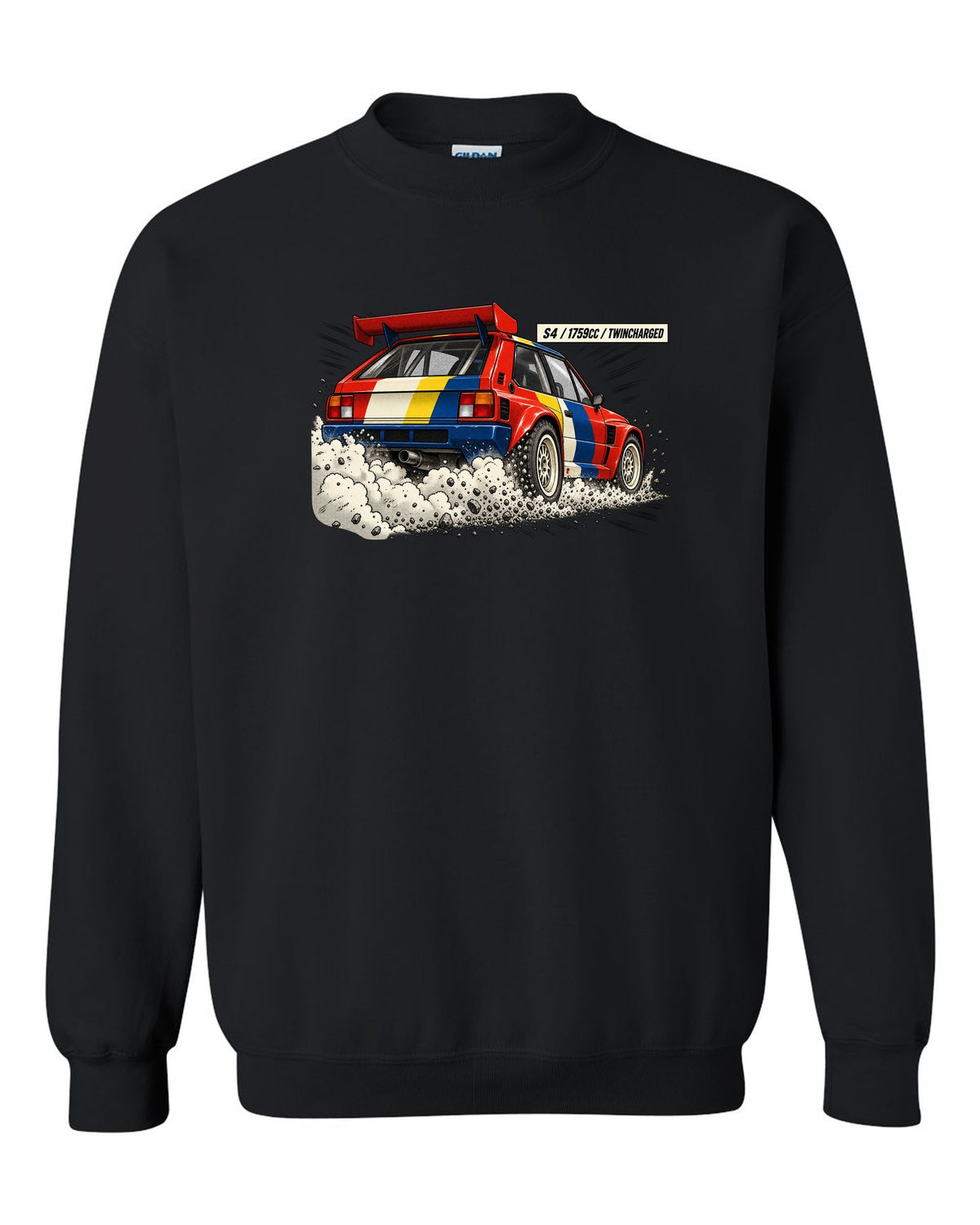 Retro manga halftone panel of the rear of a Lancia Delta S4 with twincharged lettering black crewneck front view with the design