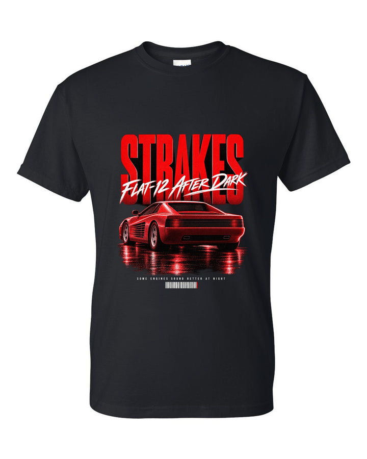 Street poster print of a Ferrari Testarossa F110 rear three-quarter with strakes and flat-12 text black t-shirt front view with the design