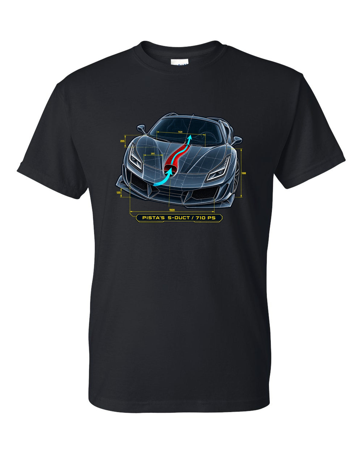 Blueprint line art of the Ferrari F8 Tributo S-duct with Pista reference black t-shirt front view with the design