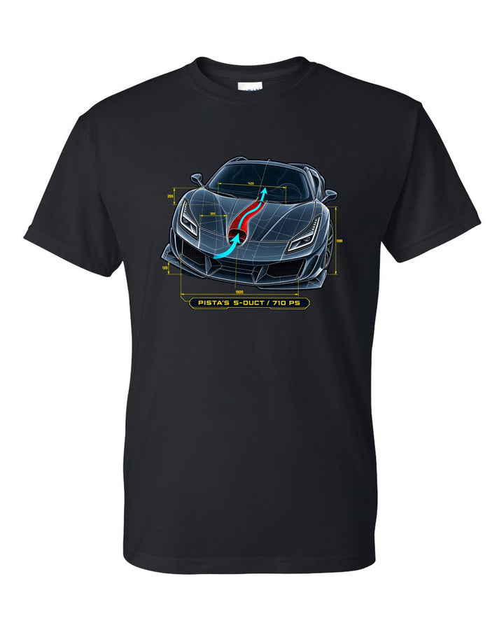 Blueprint line art of the Ferrari F8 Tributo S-duct with Pista reference black t-shirt front view with the design