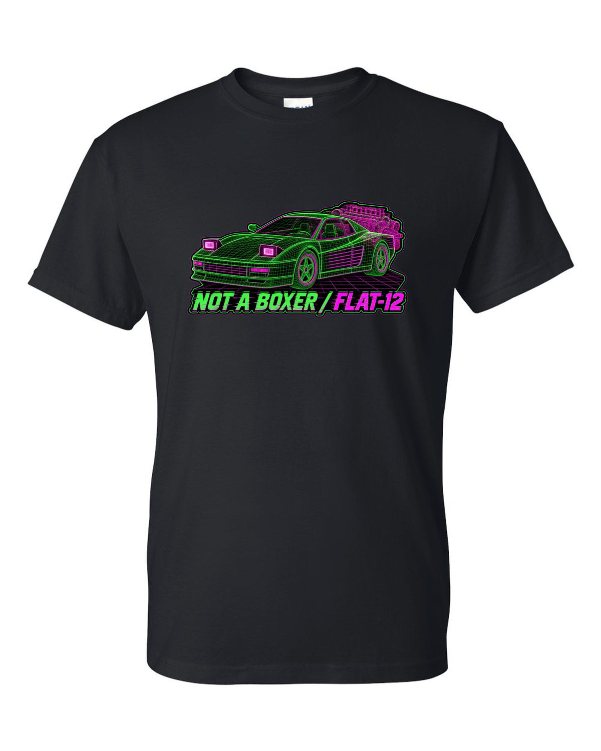 Wireframe mesh print of the Ferrari Testarossa F110 with the text not a boxer, flat-12 black t-shirt front view with the design