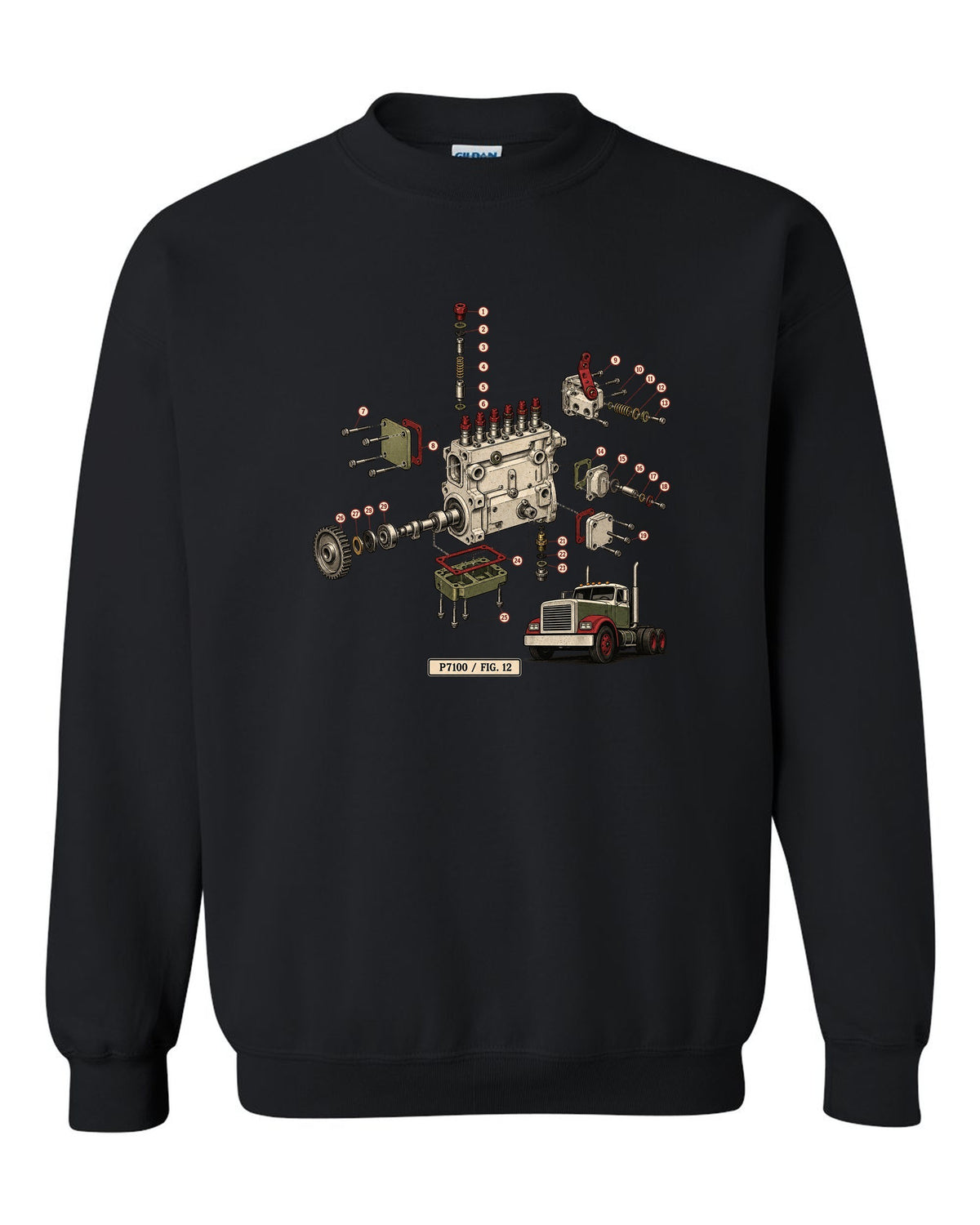 Vintage service-manual exploded diagram print of a Bosch P7100 injection pump from a 1994-1998 Ram 12V black crewneck front view with the design