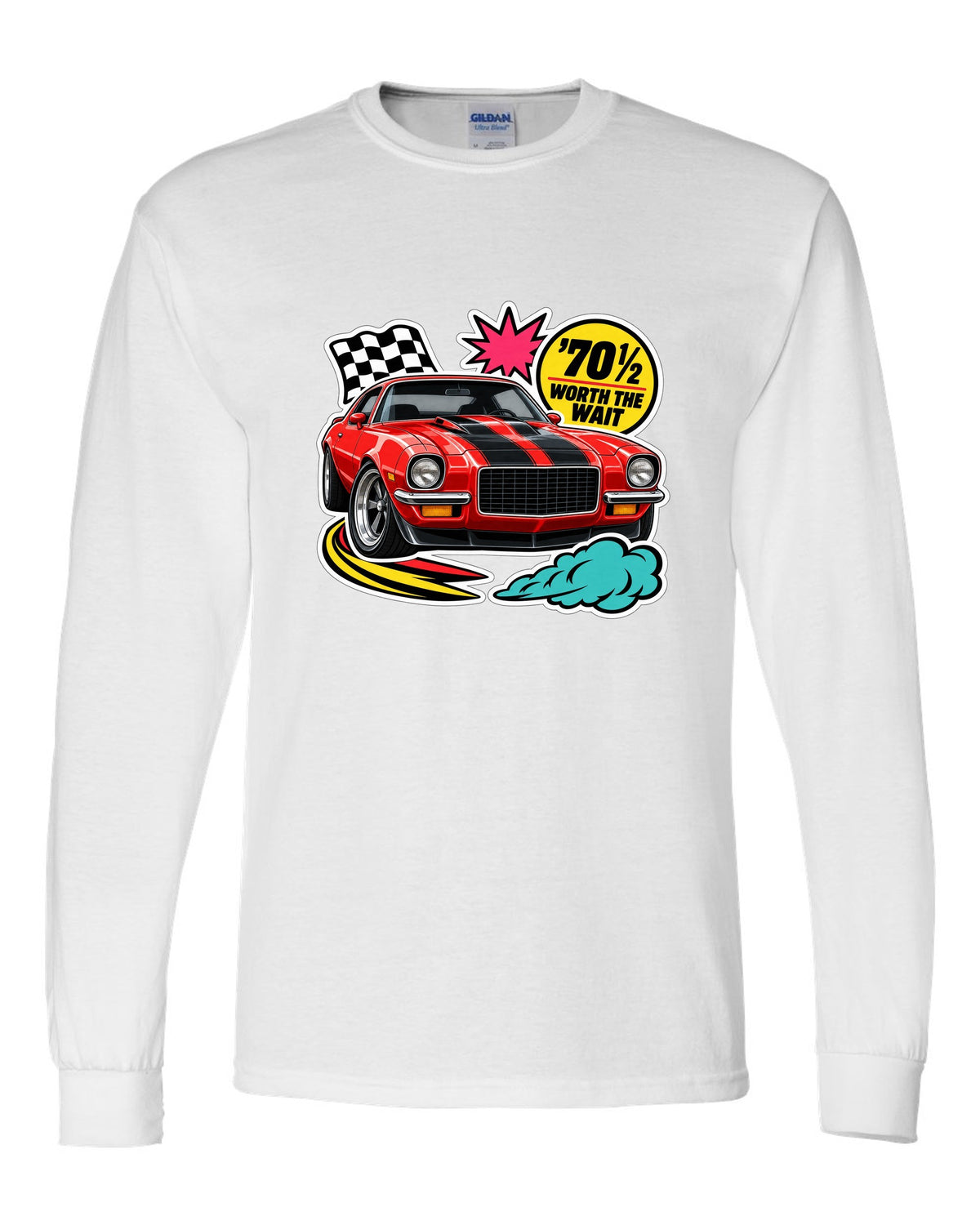 Sticker-bomb collage with die-cut edges of a 1970 Chevrolet Camaro Z28 white long sleeve front view with the design