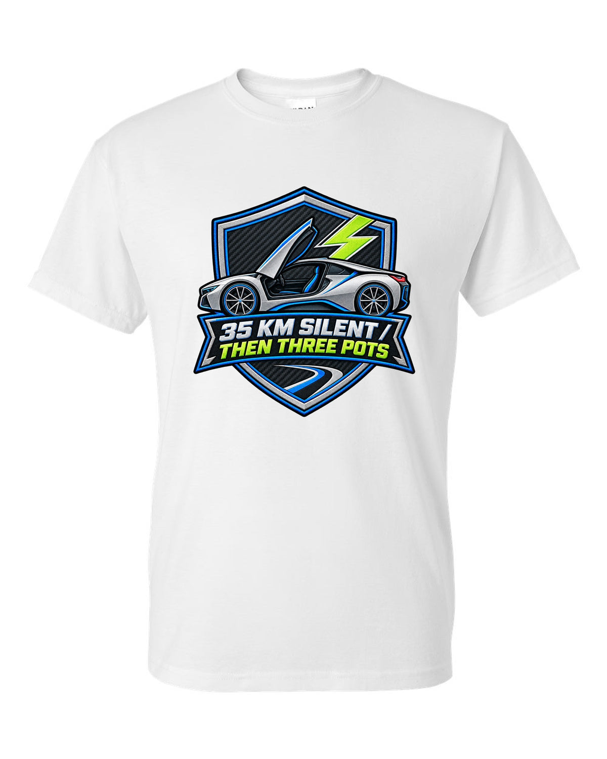Stencil spray-paint print of BMW X5 M F85 quad exhaust pipes white t-shirt front view with the design
