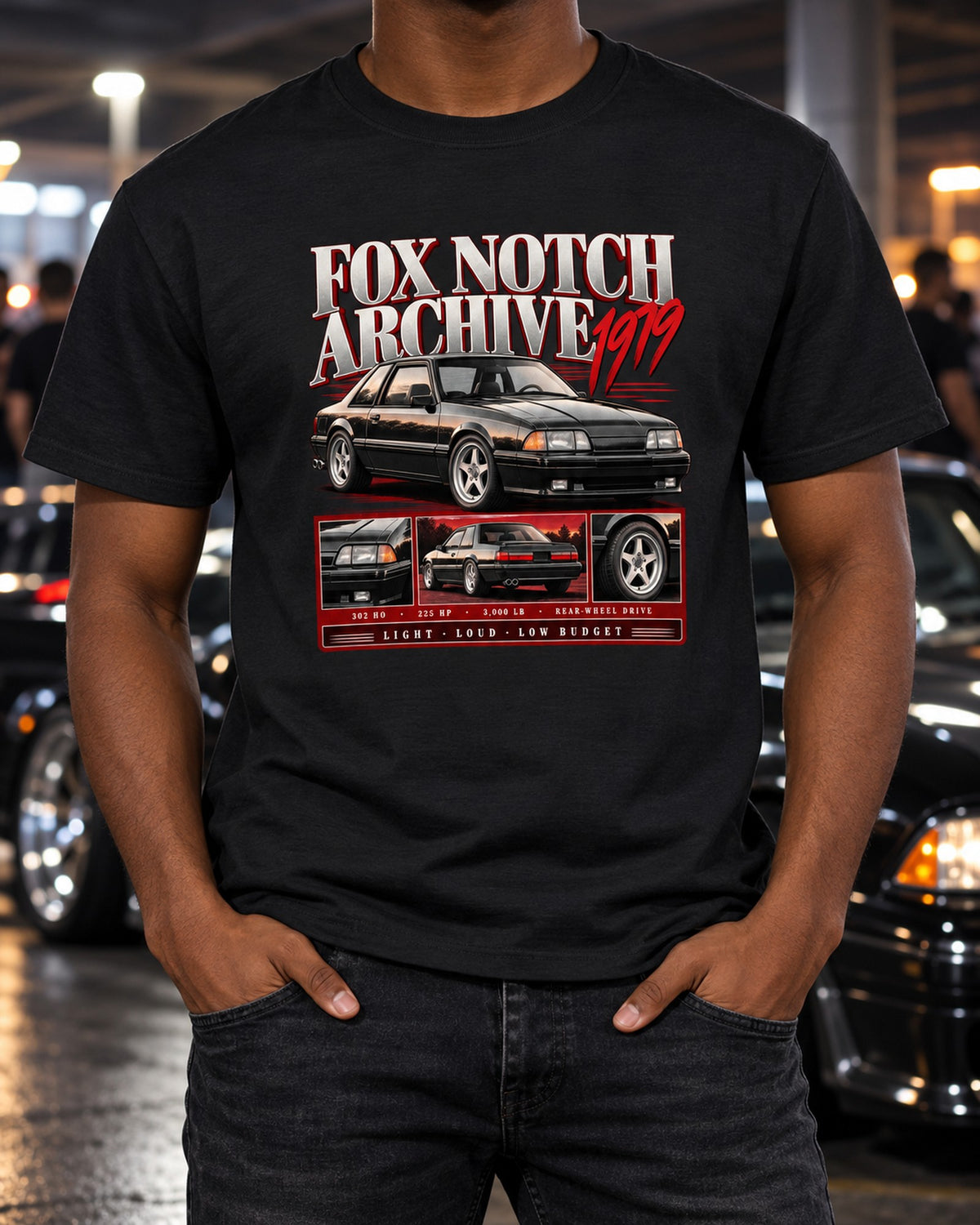 Ford Mustang Fox Body Notchback 1979 Archive Panel Shirt T-Shirt Black worn hero