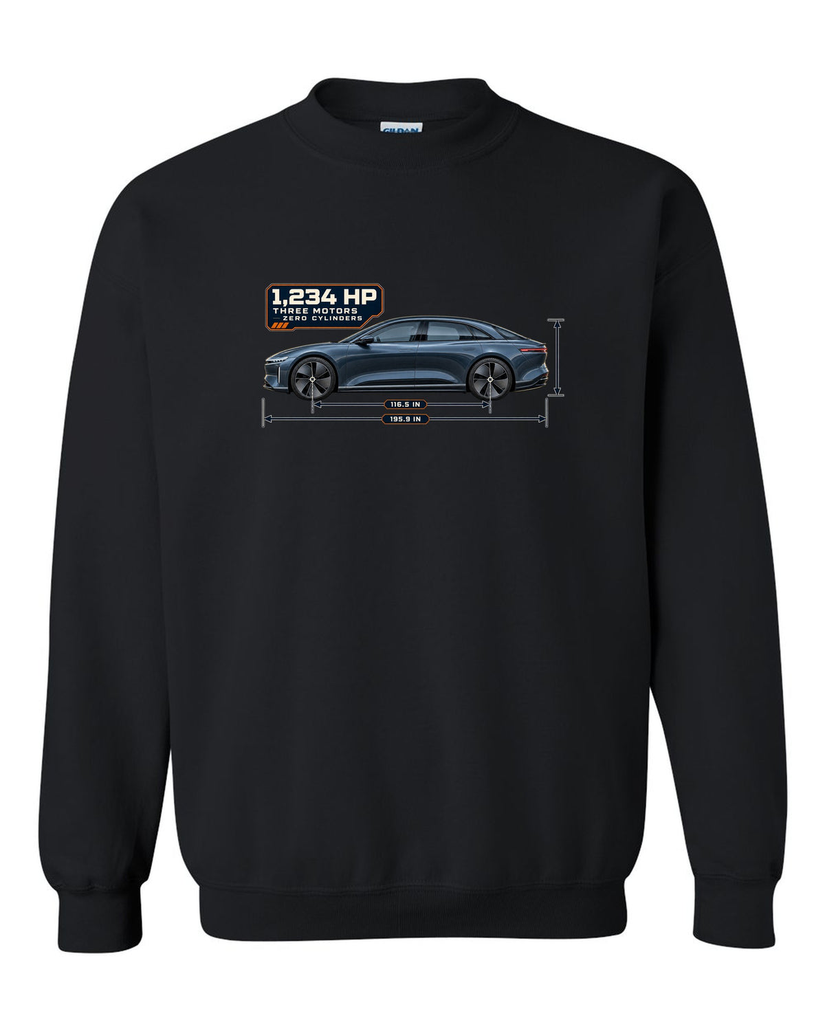Dimension blueprint print of a Lucid Air Sapphire 2023 black crewneck front view with the design