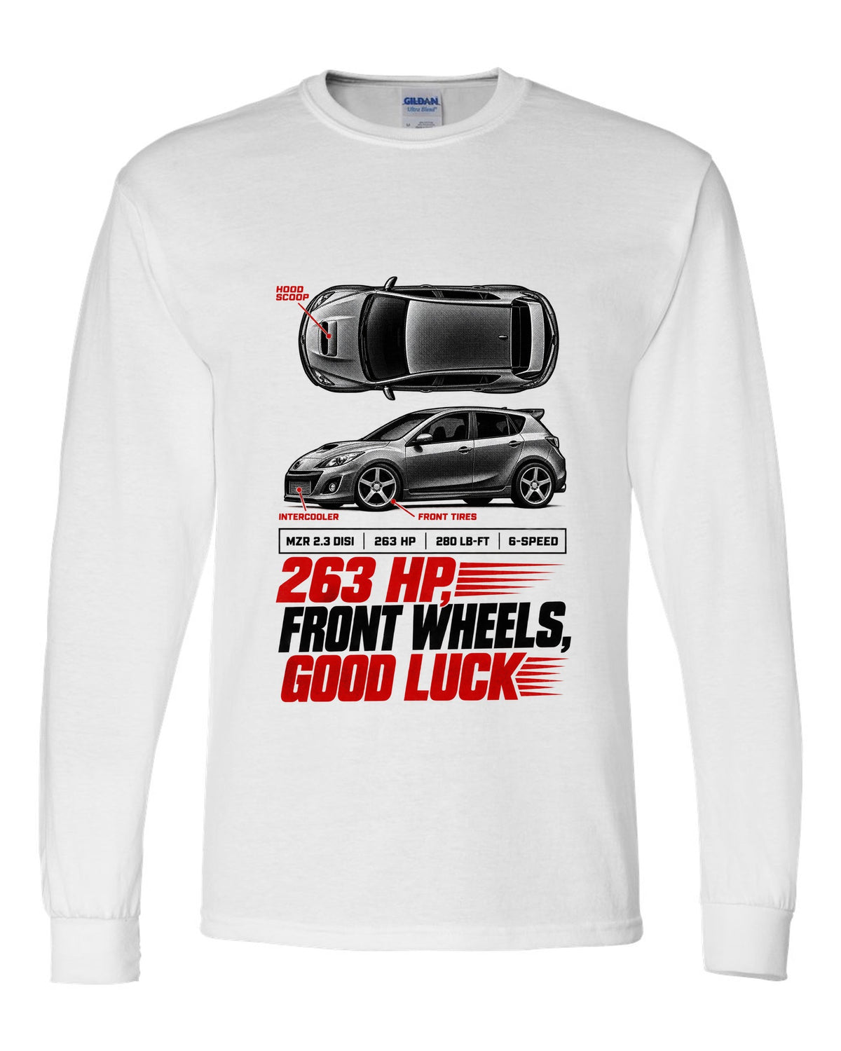 Top-down and profile views of a Mazdaspeed3 BK with 263 HP spec poster text white long sleeve front view with the design