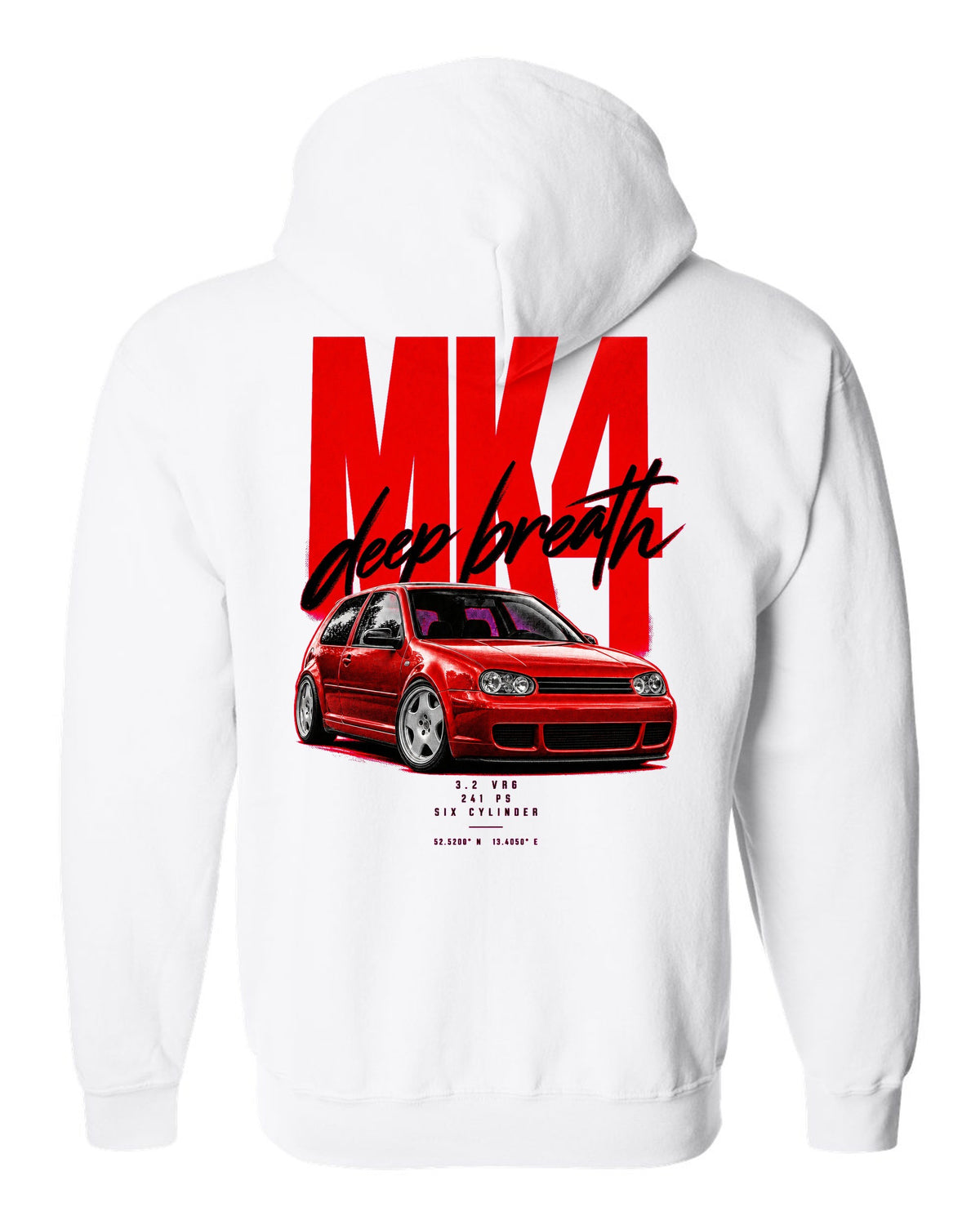 VW Golf R32 Mk4 2002 front three-quarter street poster with 241 PS text white zip hoodie back view with the design