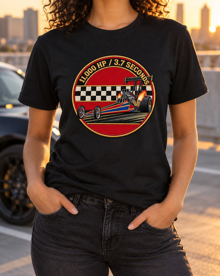 Top Fuel Dragster Horsepower Crest Shirt, 11,000 HP Varsity T-Shirt Black worn hero