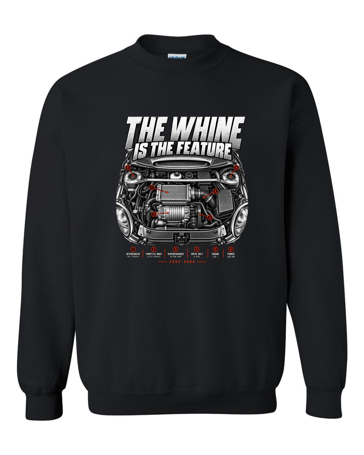 Mini Cooper S R53 engine bay print with supercharger callouts and whine text black crewneck front view with the design