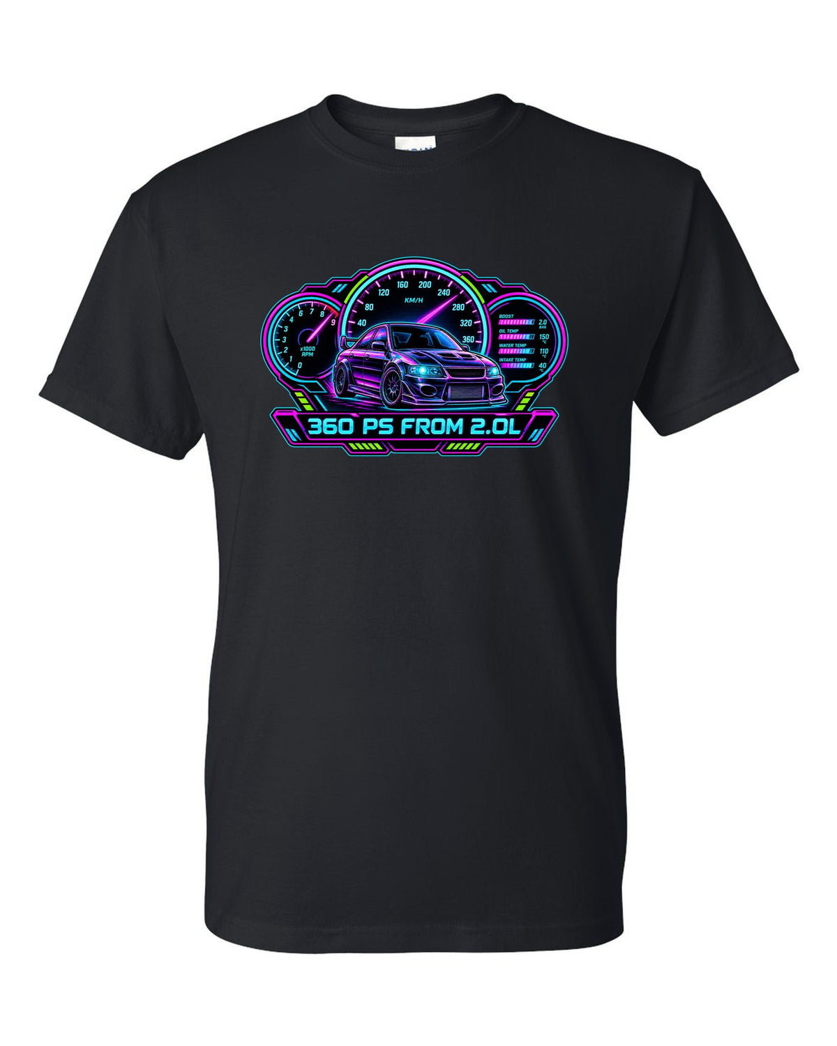 Neon cyberpunk gauge cluster print for the Mitsubishi Evo IX CT9A with 360 PS from 2.0L text black t-shirt front view with the design