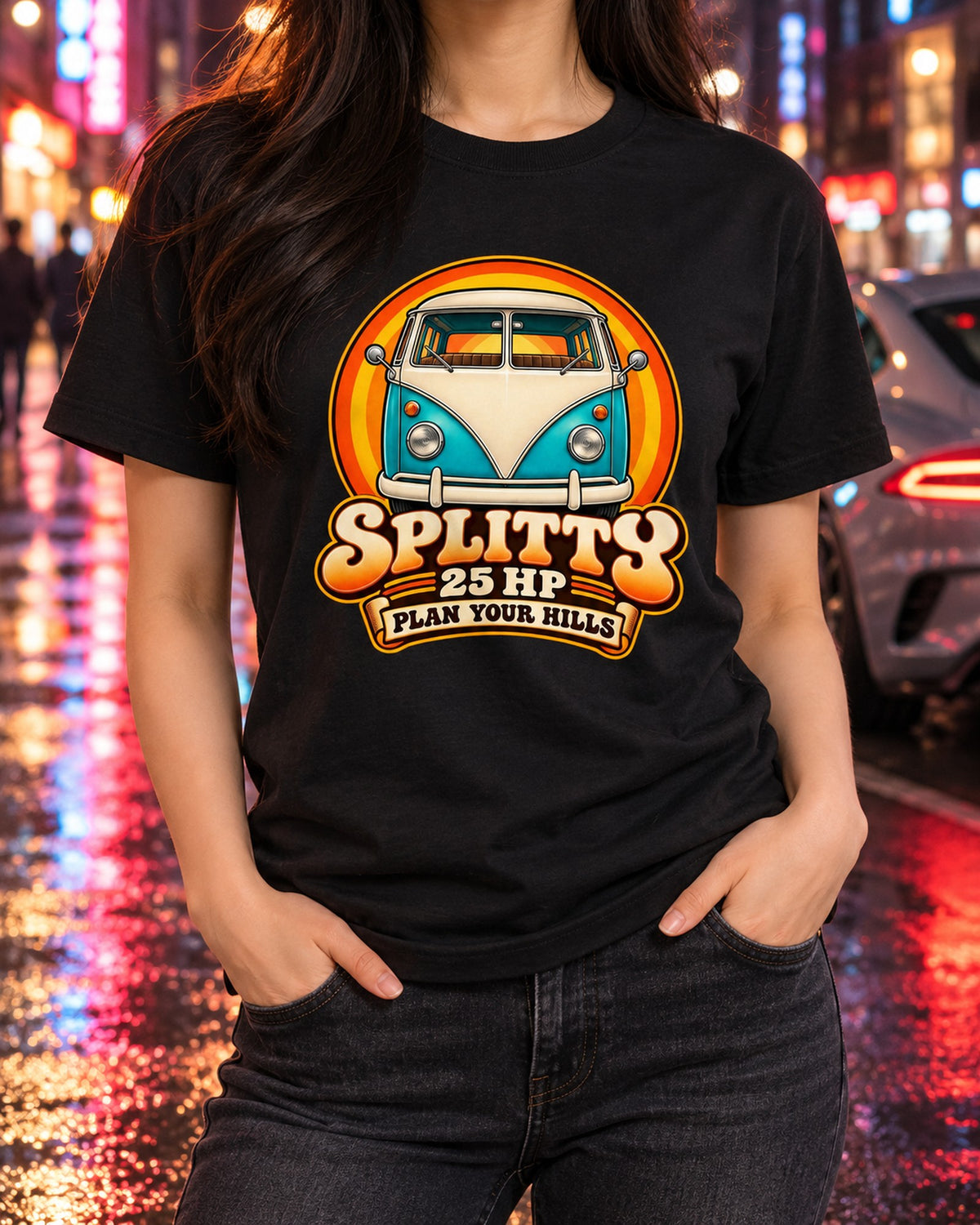 VW Bus T1 Splitty 80s Airbrush Chrome Tee, Plan Your Hills T-Shirt Black worn hero