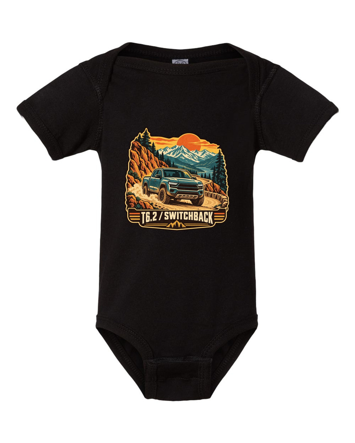 Vintage travel poster print of a 2022-present Ford Ranger T6.2 P703 on a switchback road black baby onesie front view with the design