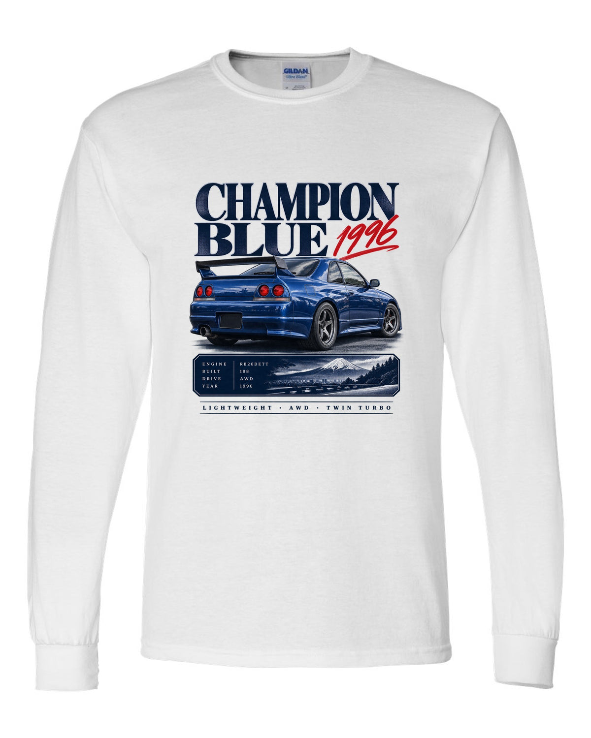 Archive panel of a Nissan Skyline GT-R R33 LM Limited in Champion Blue with 1996 and 188 made lettering white long sleeve front view with the design