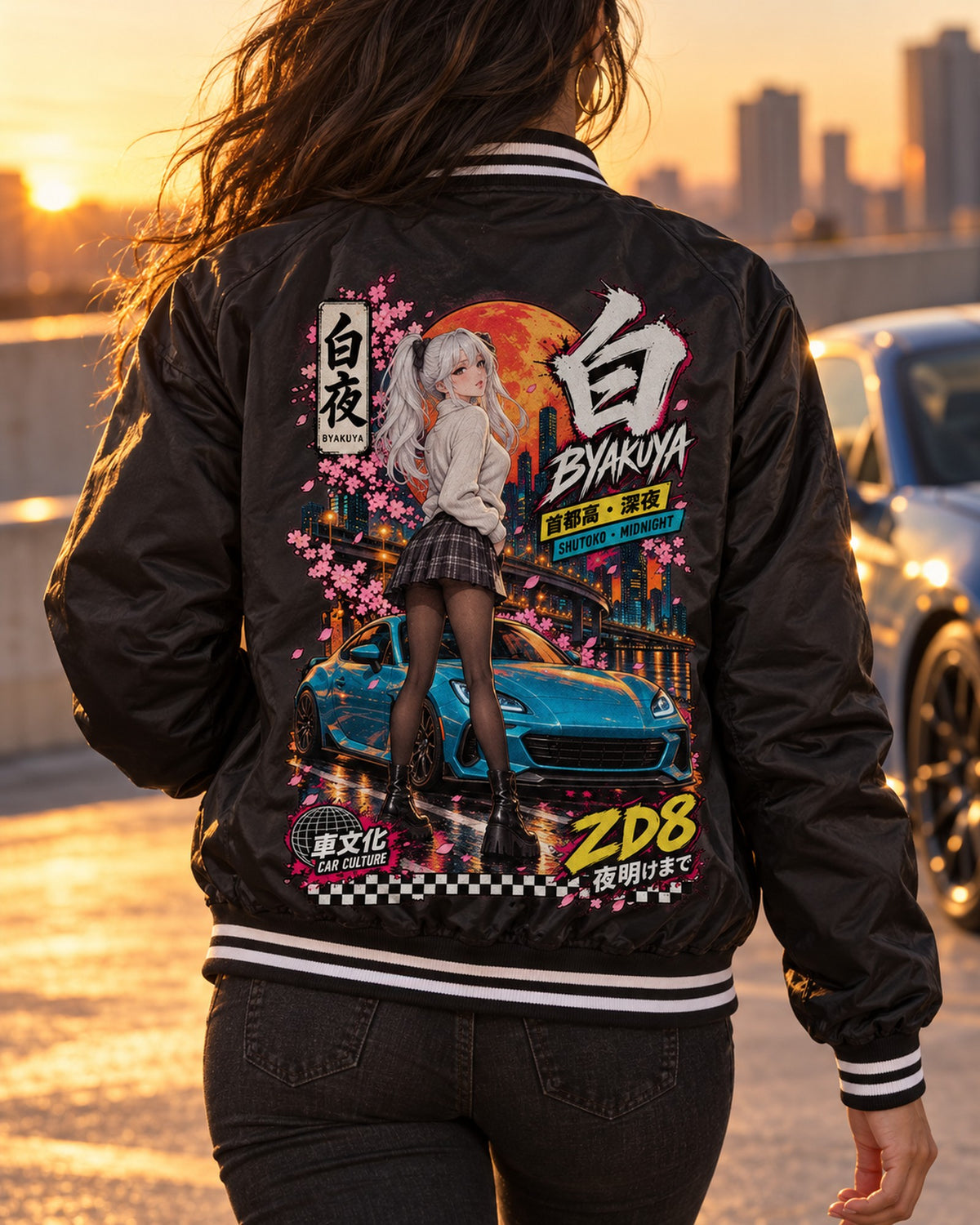 BYAKUYA ZD8 Anime Girl Full-Back Graphic Tee Bomber Jacket Black worn hero