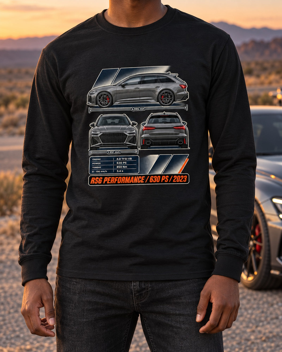 Audi RS6 Avant Performance Three-View Spec Tee, 630 PS Long Sleeve Black worn hero