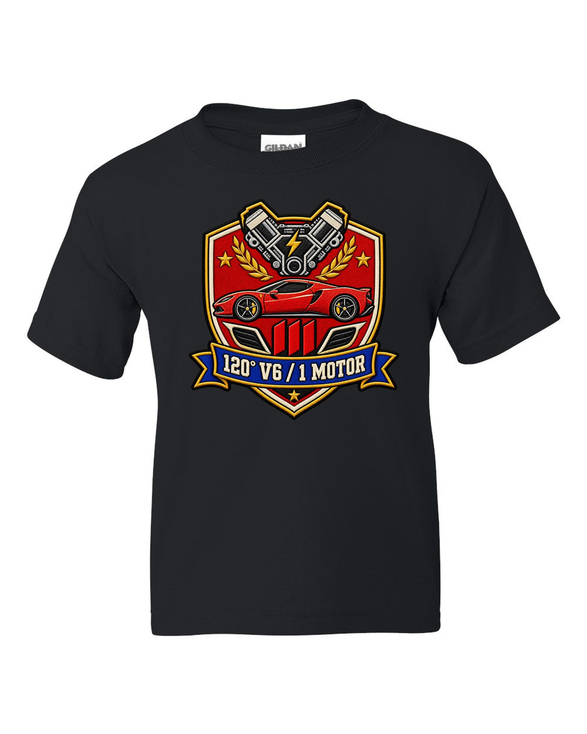 Shield crest print for the Ferrari 296 GTB with 120 degree V6 and 1 motor lettering black kids tee front view with the design
