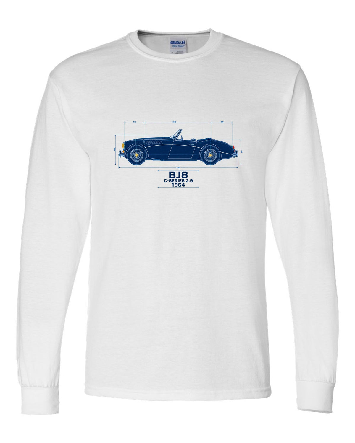 Blueprint line art of a 1964 Austin-Healey 3000 Mk III BJ8 with C-Series 2.9 lettering white long sleeve front view with the design