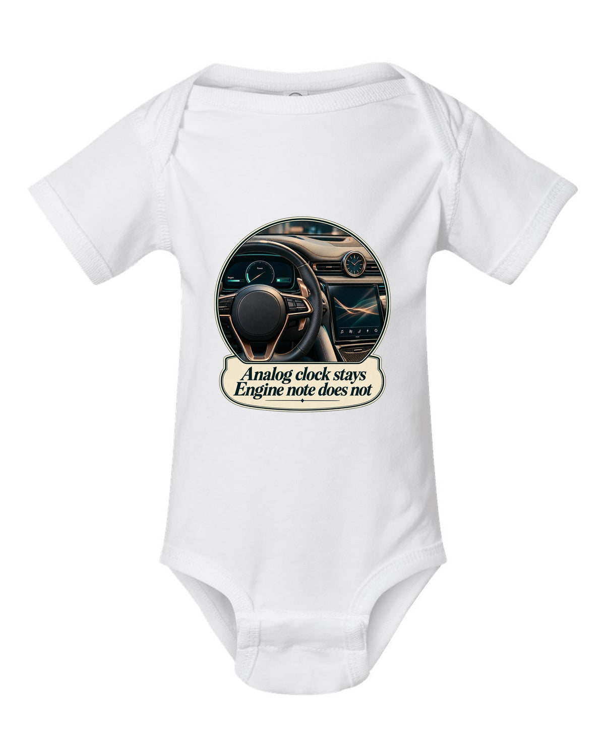 Maserati GranTurismo Folgore cockpit with analog clock, print white baby onesie front view with the design