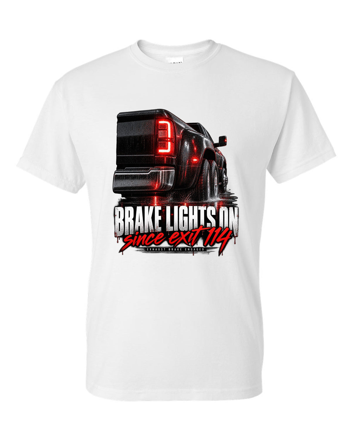 Taillight macro print of a 2019-2024 Ram HD 3500 dually with brake lights lit white t-shirt front view with the design